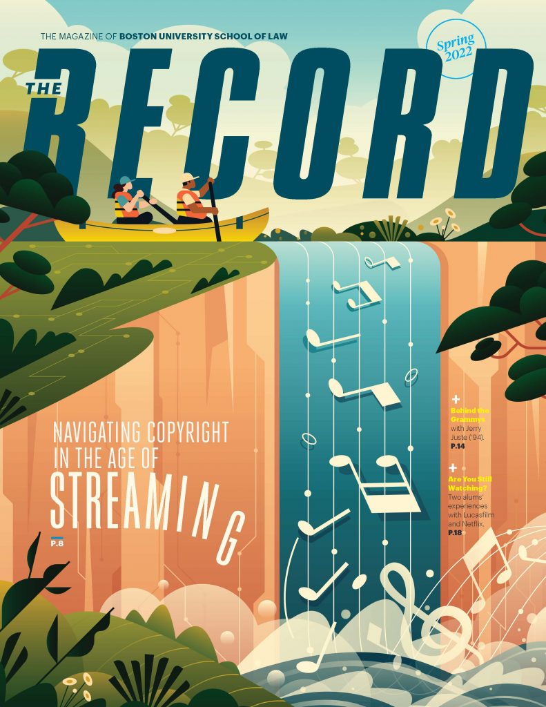 Illustration of kayakers approaching a waterfall made of a music staff, which spills into rapids with clefs and music notes forming the rushing water