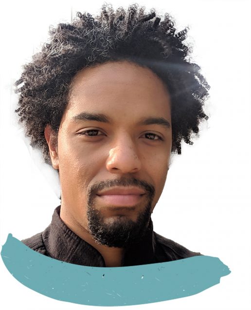 Headshot of Cordaro Rodriguez with teal paint stroke beneath the photo