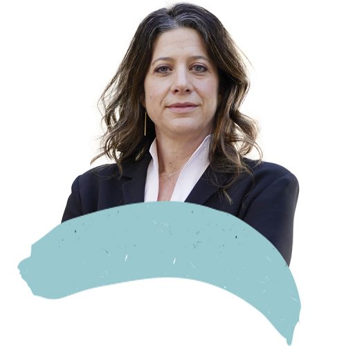 Headshot of Jessica Silbey with light blue paint stroke beneath the image.