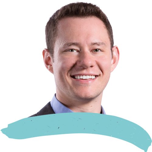 Headshot of Sam Taylor with light blue paint stroke at the bottom of the image