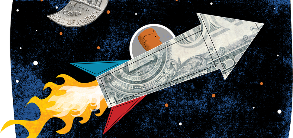 Illustration of rocket blasting into space past a nickel in the shape of a half moon