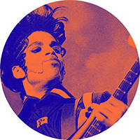 Orange duotone image of Prince playing a guitar