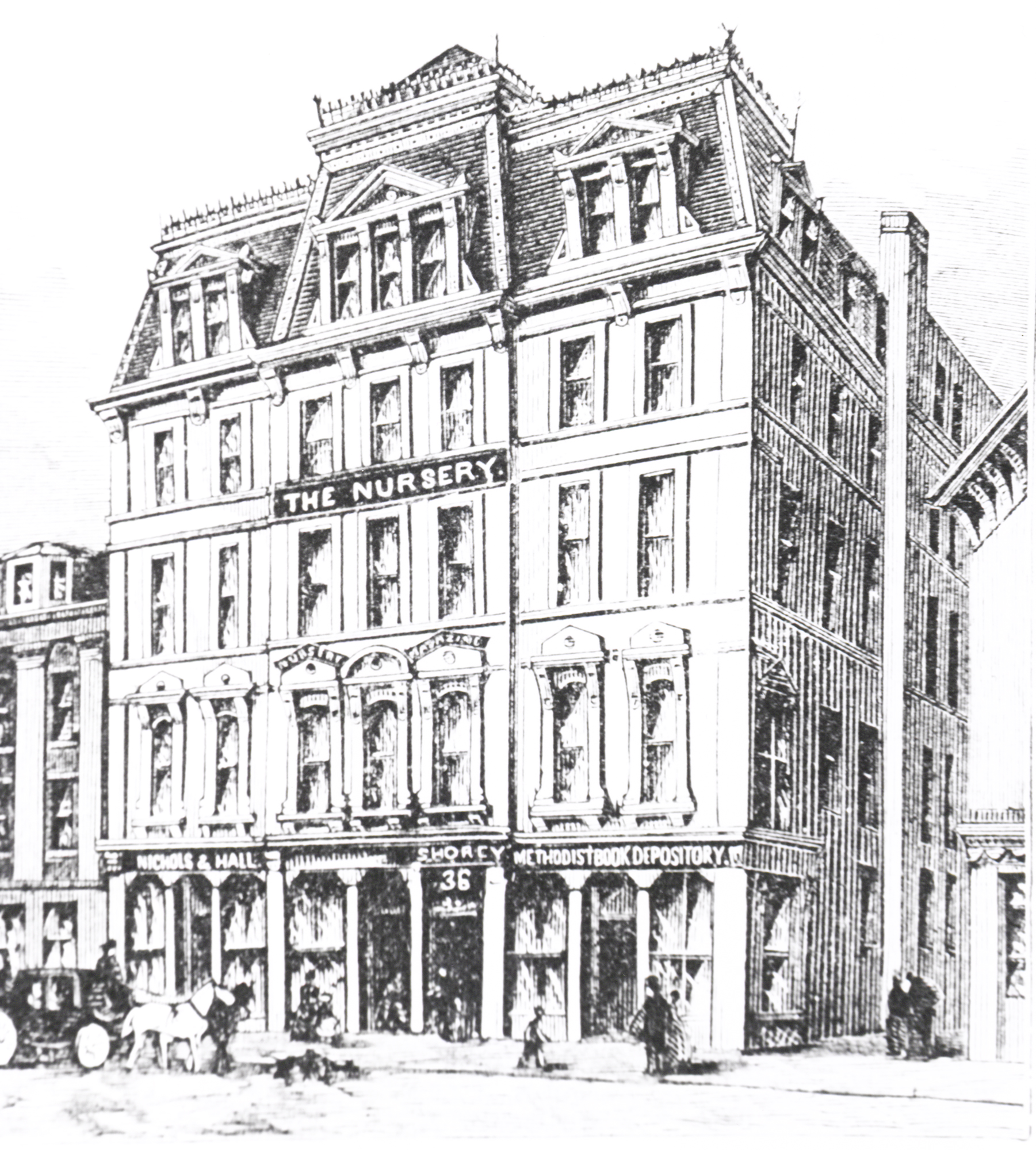 A black and white illustration of a five-story building at 36 Bromfield Street, Boston, BU Law's first home