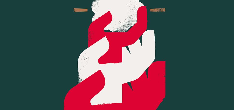An illustration of three hands nested in one another holding up a thought bubble