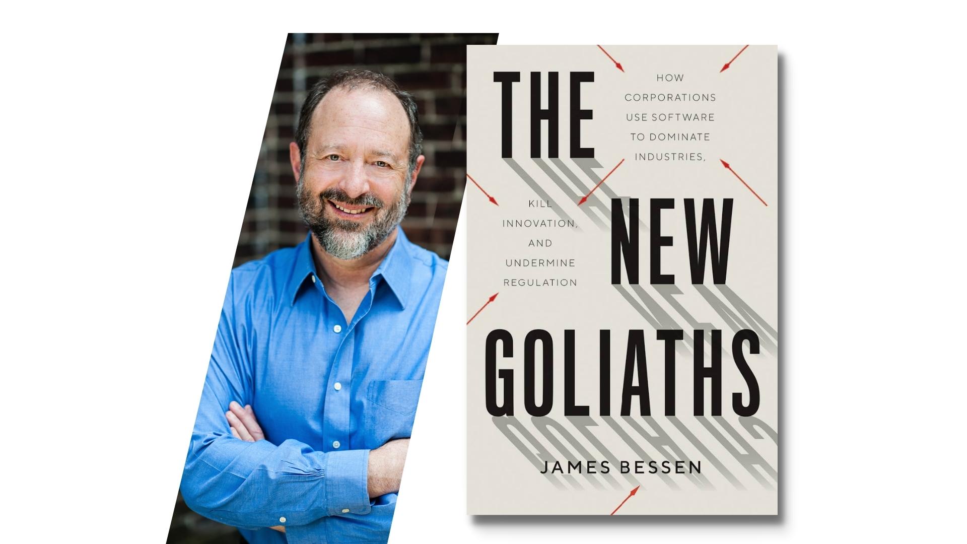 James Bessen arranged alongside the cover of his book, "The New Goliaths"