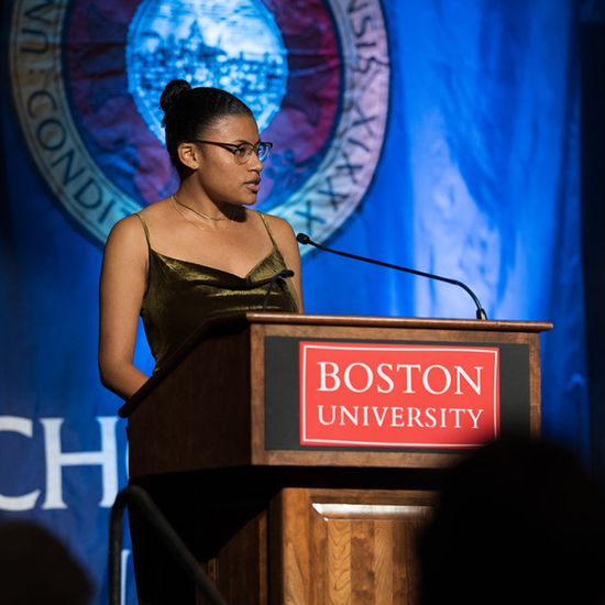 Imara Joroff ('24), president of the student government association, spoke at the BU Law 150th anniversary gala