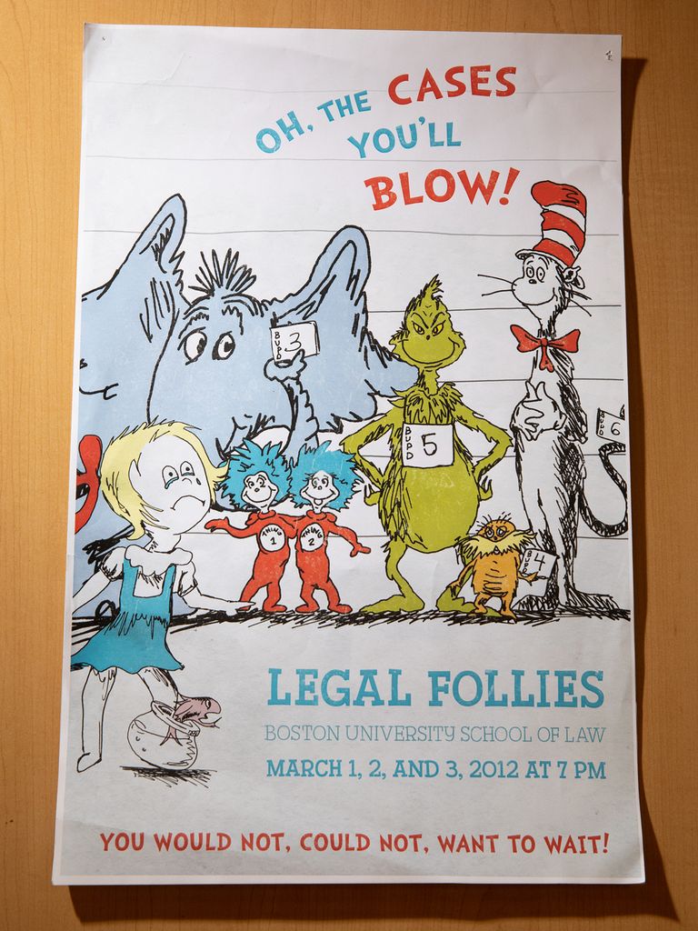 A poster from the 2012 Legal Follies, featuring Doctor Seuss characters and titled "Oh, the Cases You'll Blow"