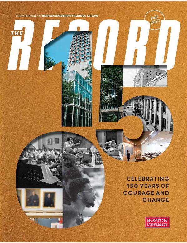 The cover of the fall 2022 issue of The Record magazine: a bronze metallic page with the numbers "150" cut out, through which both color and black and white images are visible on a page underneath