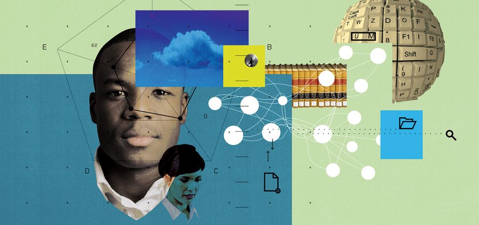 A collage featuring a man and a woman in collared shirts, an image of clouds, legal textbooks