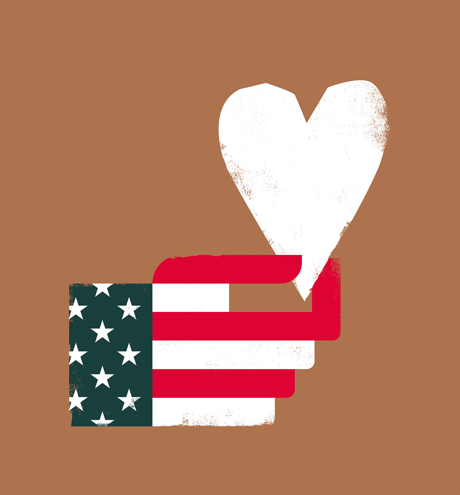 An illustration against a bronze background of a hand, colored as the American flag, holding a white heart