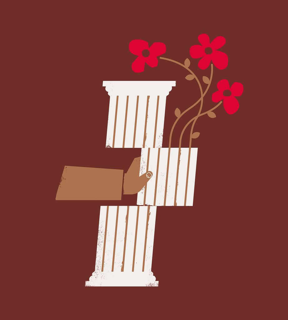 An illustration of a hand pushing the middle section of an architectural column out of place, from which grows three flowers