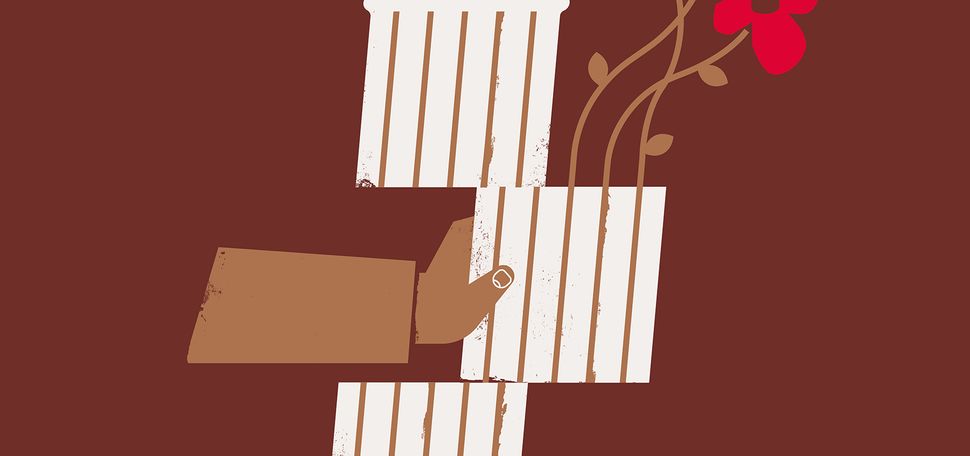 An illustration of a hand pushing the middle section of an architectural column out of place, from which grows three flowers