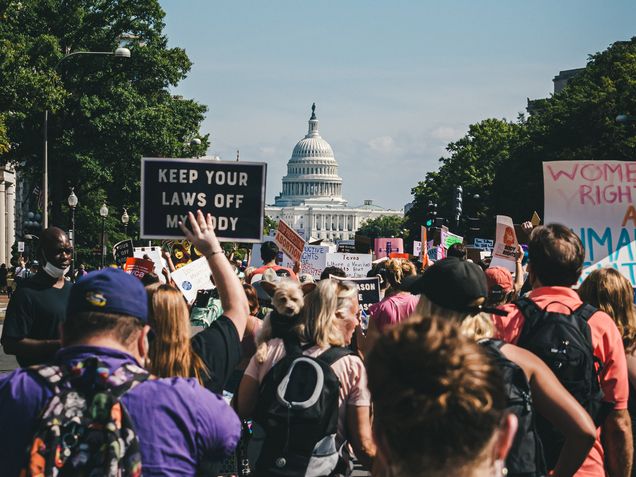 A large group of reproductive rights protestors approach the US Capitol building