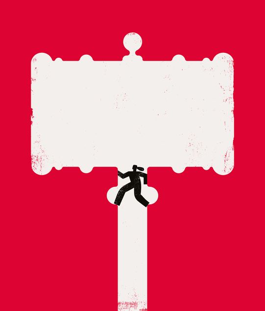 A white gavel sits against a red background. A figure climbs up the inside of the gavel.