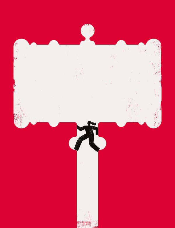 A white gavel sits against a red background. A figure climbs up the inside of the gavel.