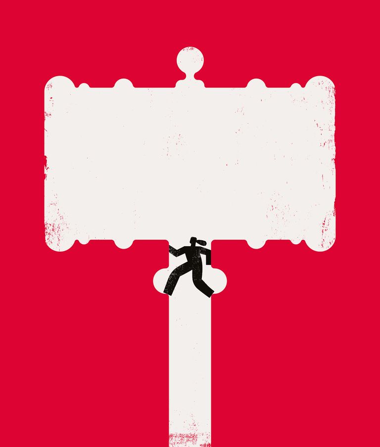 A white gavel sits against a red background. A figure climbs up the inside of the gavel.