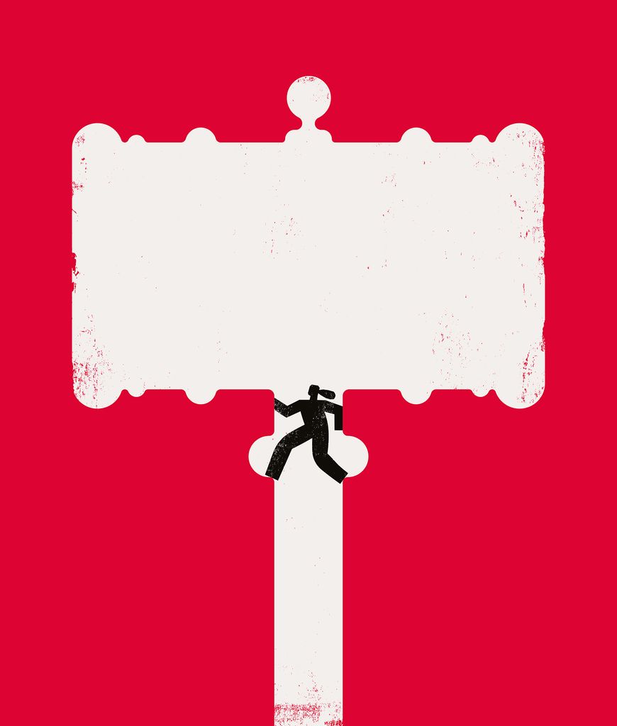 A white gavel sits against a red background. A figure climbs up the inside of the gavel.
