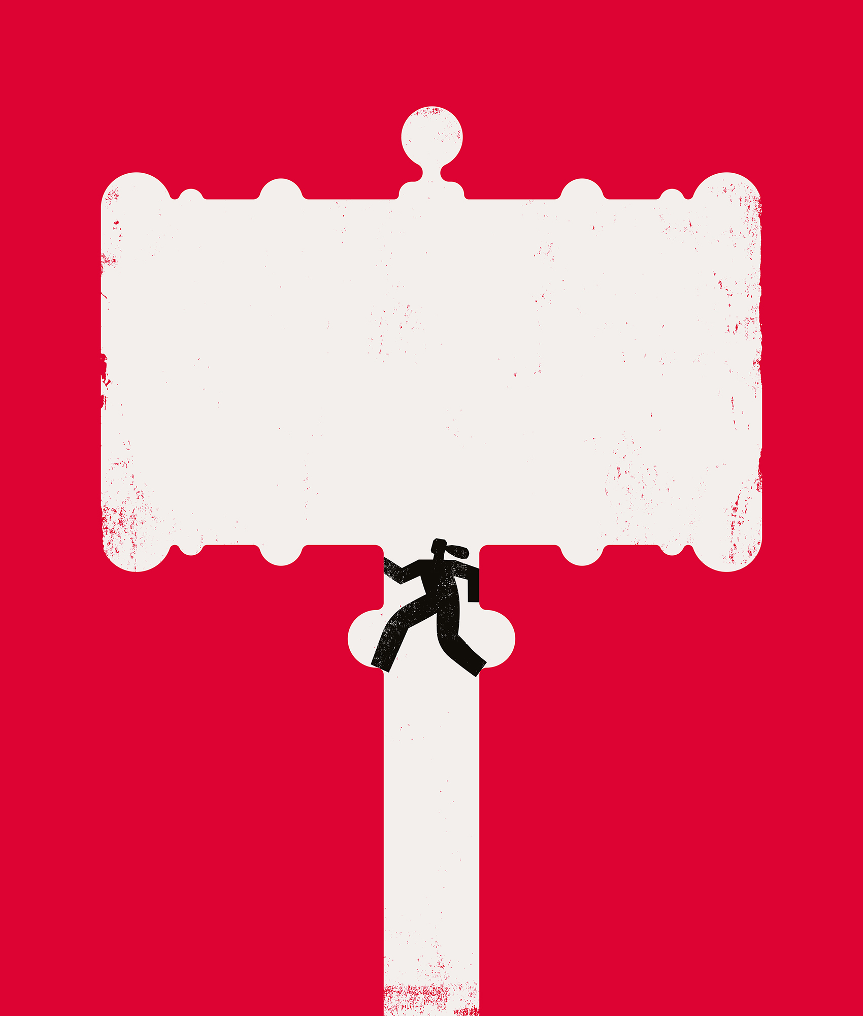 A white gavel sits against a red background. A figure climbs up the inside of the gavel.