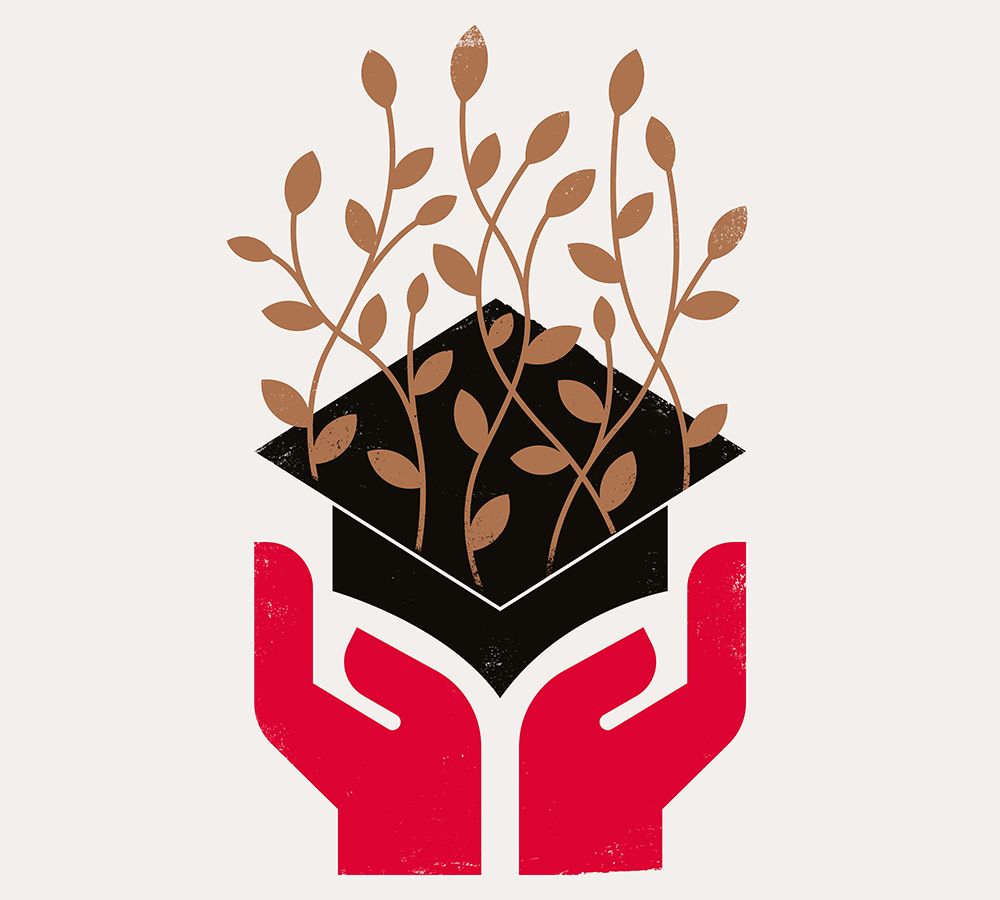 An illustration of an abstract pair of hands holding up a mortar board with gold vines and leaves growing from it