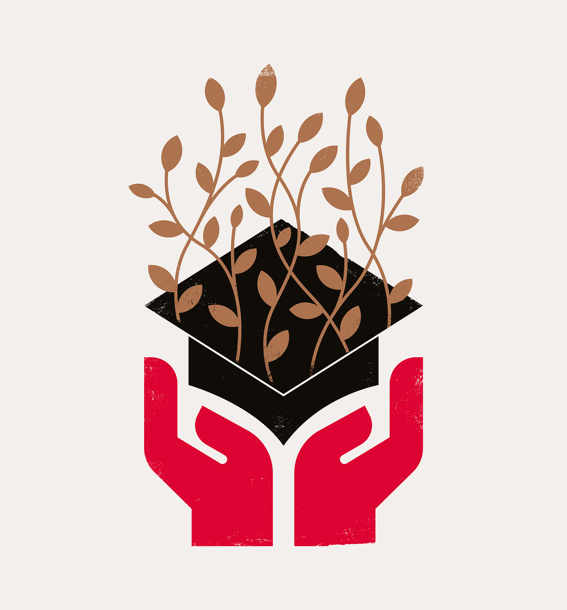 An illustration of an abstract pair of hands holding up a mortar board with gold vines and leaves growing from it