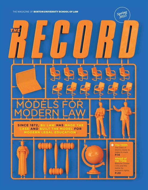 The Record, spring 2023 magazine cover: An orange snap model kit with gavels, jury seats, law graduates, and other items related to the practice of law sit against a blue background.