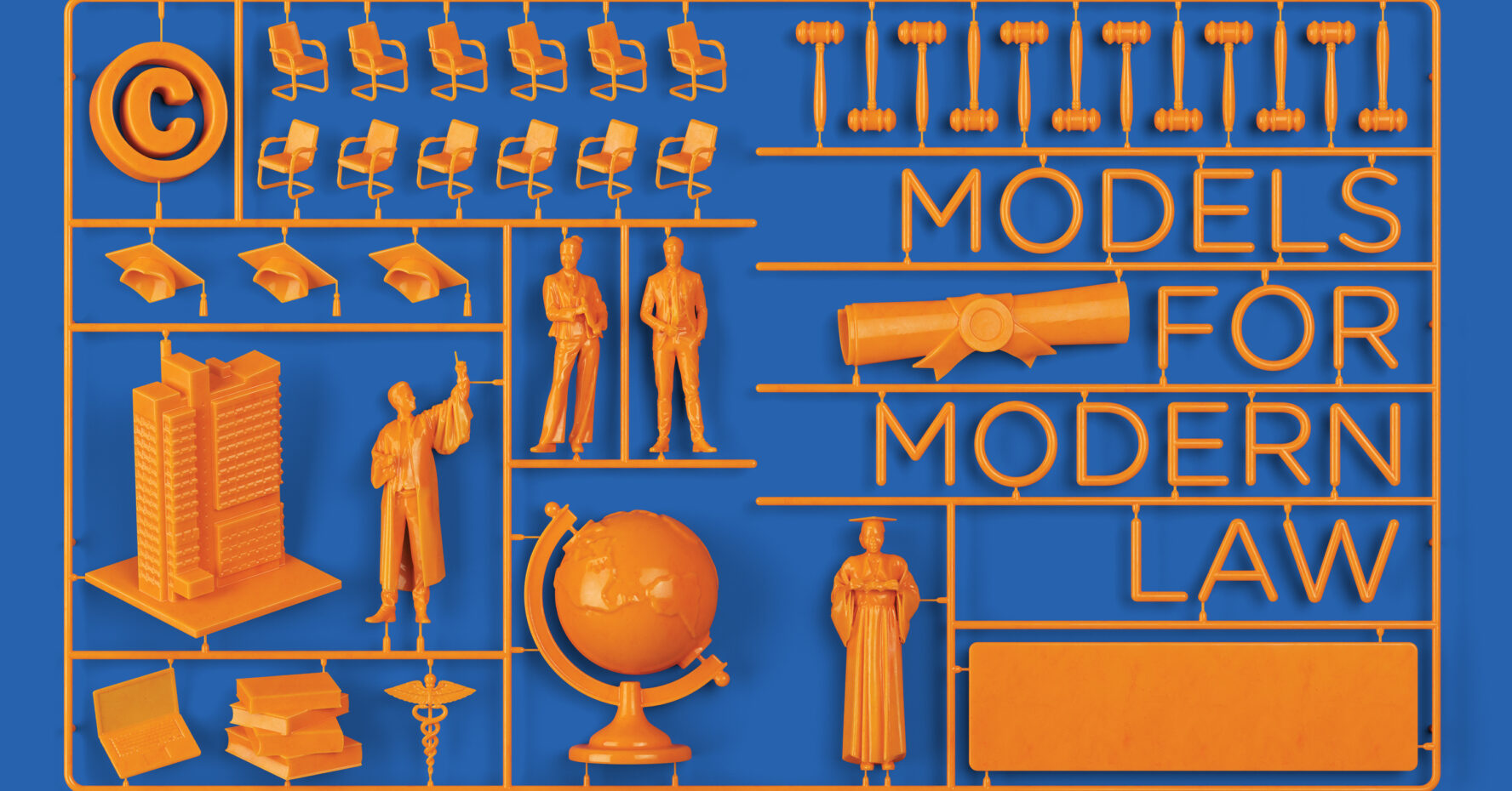 An image from inside The Record, spring 2023: An orange snap model kit with gavels, jury seats, law graduates, a globe, the BU Law tower, and other items related to the practice of law sit against a blue background.
