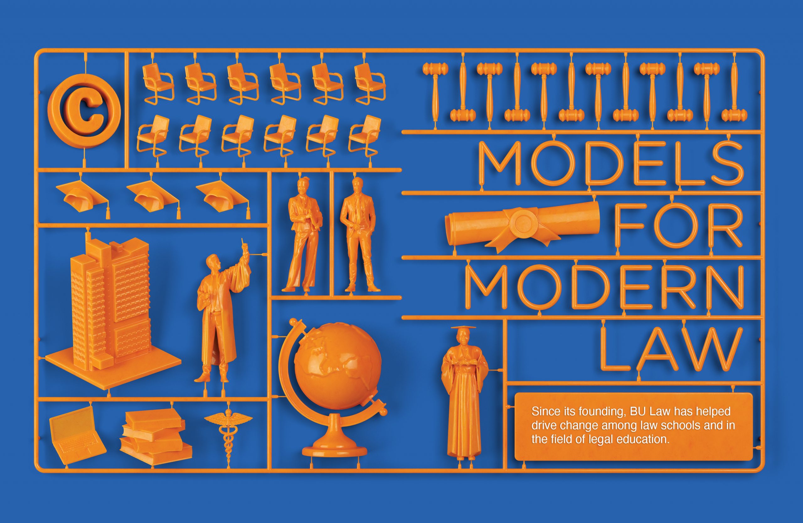 An image from inside The Record, spring 2023: An orange snap model kit with gavels, jury seats, law graduates, a globe, the BU Law tower, and other items related to the practice of law sit against a blue background.