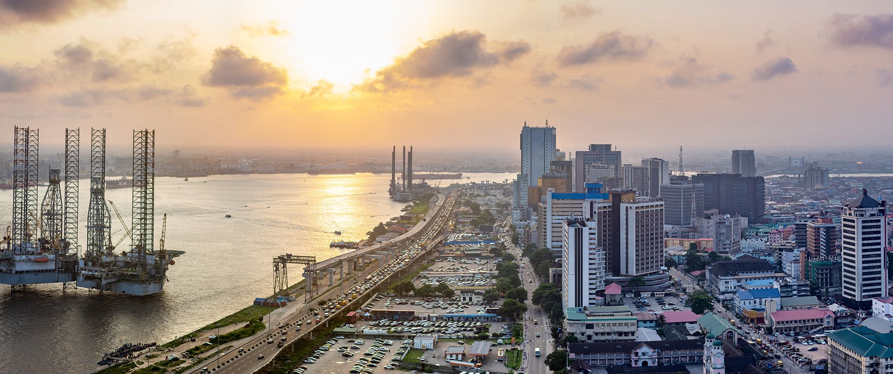 A panorama shot of cityscape of Lagos Island, Nigeria at sunset