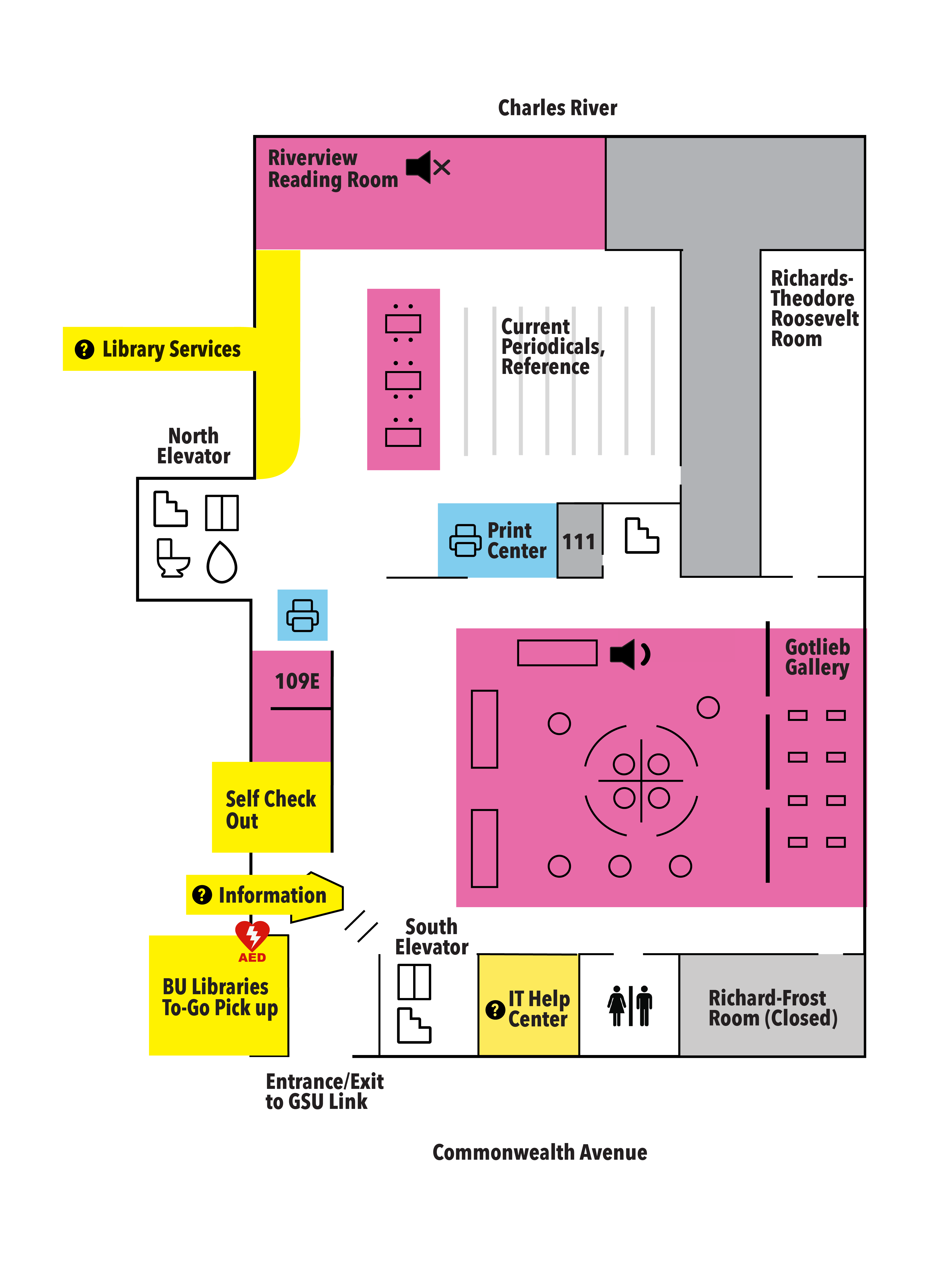 diagram showing the layout of the first floor of the Mugar Memorial Library