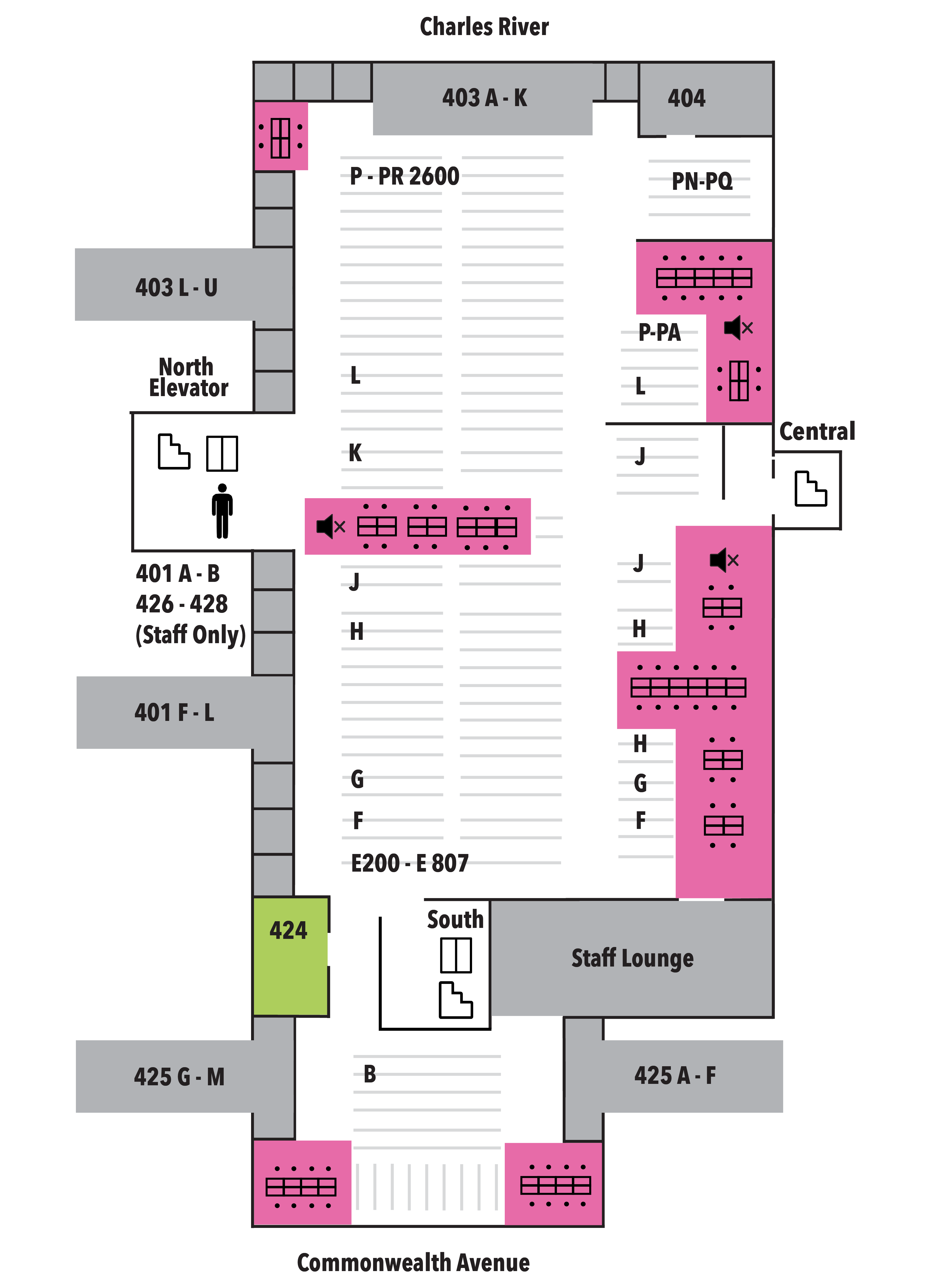 diagram showing the layout of the fourth floor of the Mugar Memorial Library