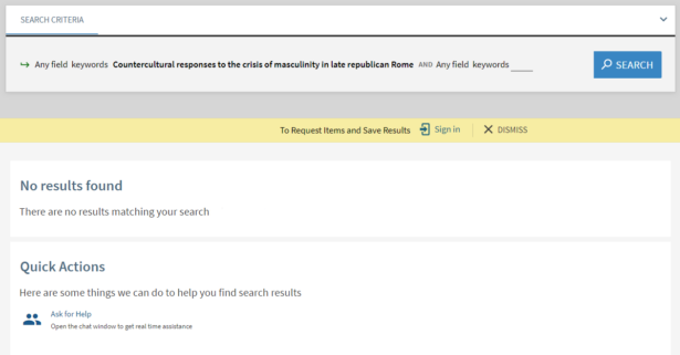 Zero results page in BU Libraries search with no records.