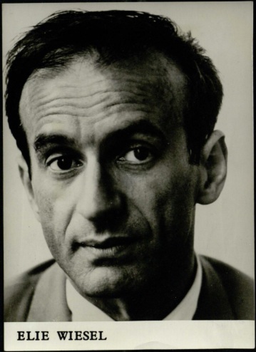 A close-up black and white photo of Elie Wiesel
