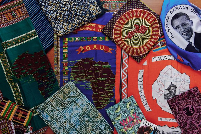 textiles including maps of Africa from African Studies Library Special Collections. Photo by Tony Long for Boston University Photography