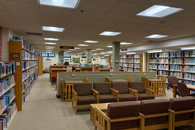 Pickering Educational Resources Library's open seating area.