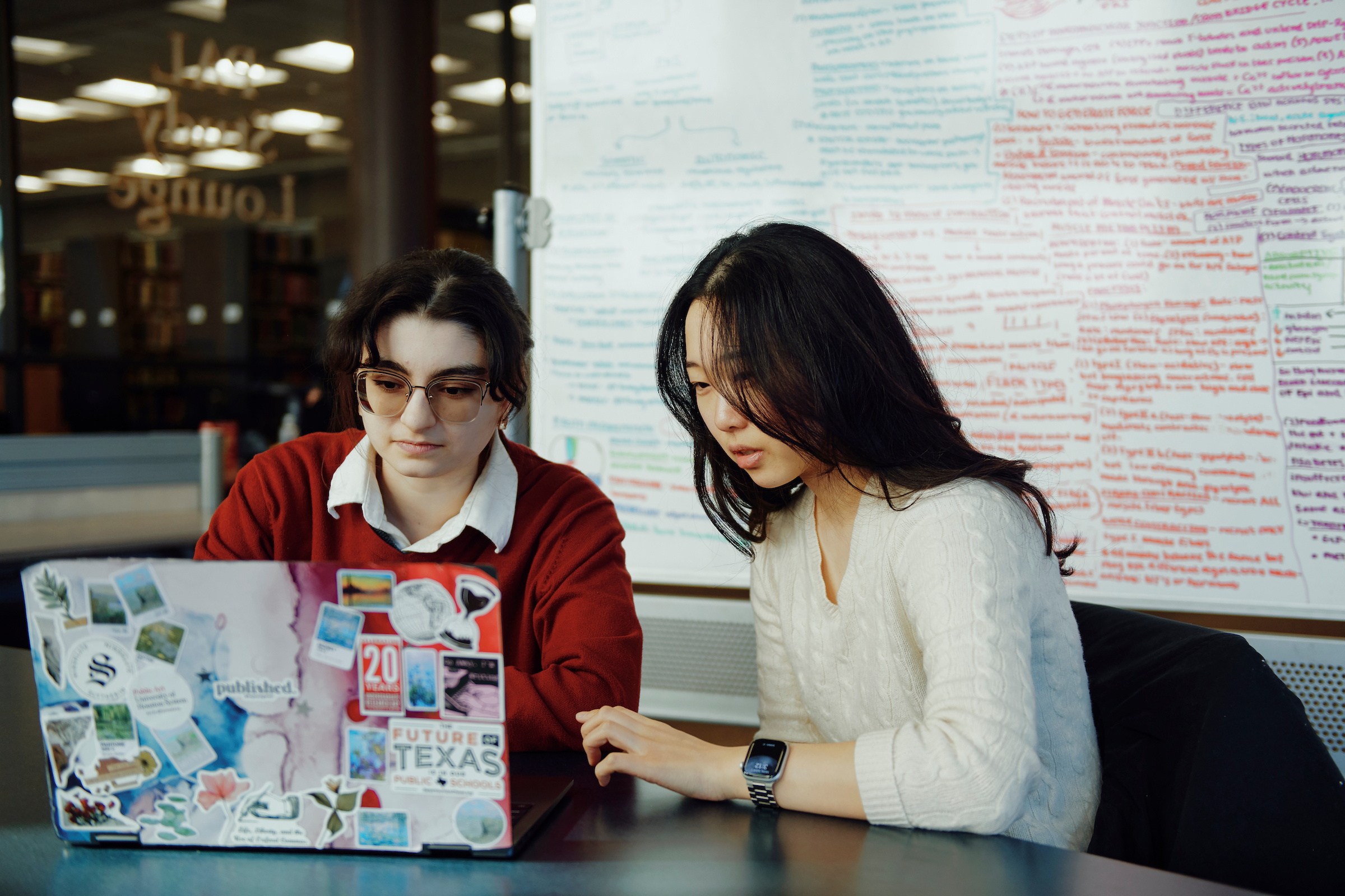Two students work together at a laptop with a whiteboard behind them.