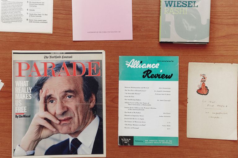 materials from the Elie Wiesel special collections. Photo by Tony Long for Boston University Photography
