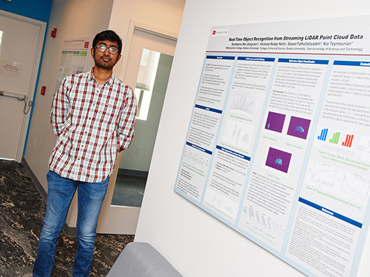 Student standing in front of a presentation at Boston University.