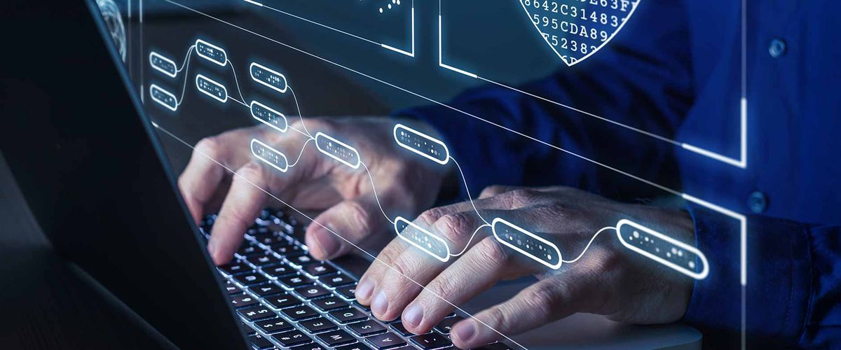 hands on keyboard with code superimposed on image