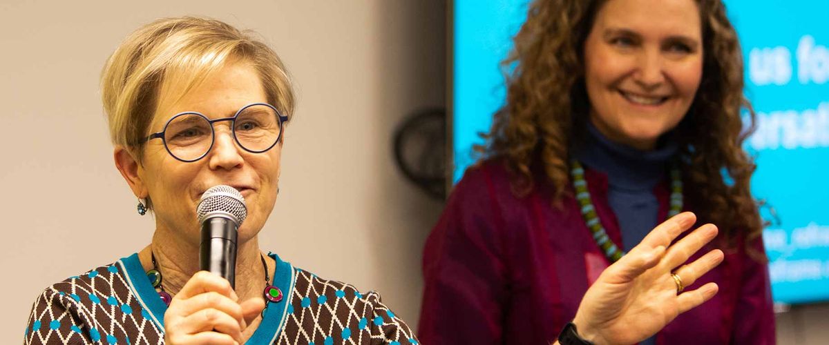 Wendy Swart Grossman speaking at an event at BU