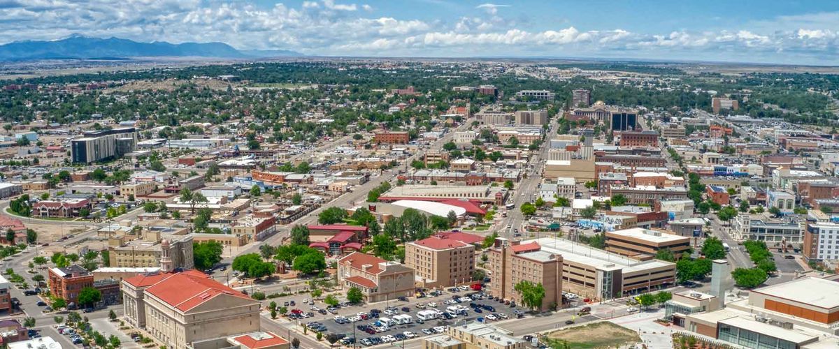 An aerial photo of downtown Pueblo, Colorado