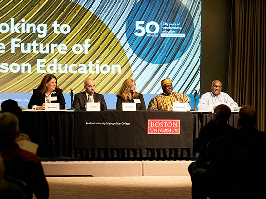 A group of five panelists speaking at “50 Years of Transformative Education,” a celebration of Prison Education at BU