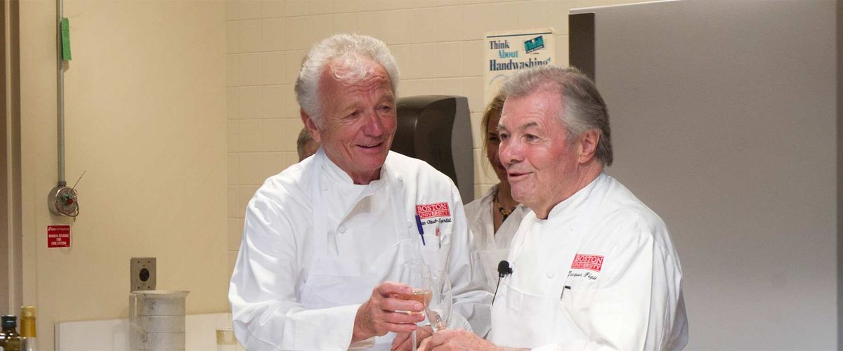 Jean-Claude Szurdak teaching alongside Jacques Pépin as part of BU’s Programs in Food & Wine.