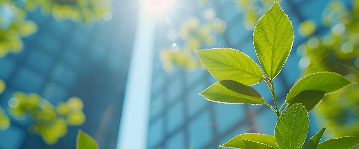 An image of plants growing beneath a glass building.