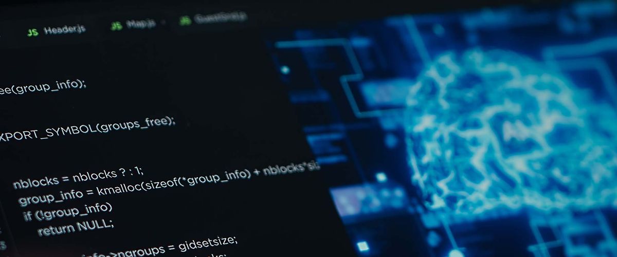 An image of a computer screen with code depicting machine language artificial intelligence coding