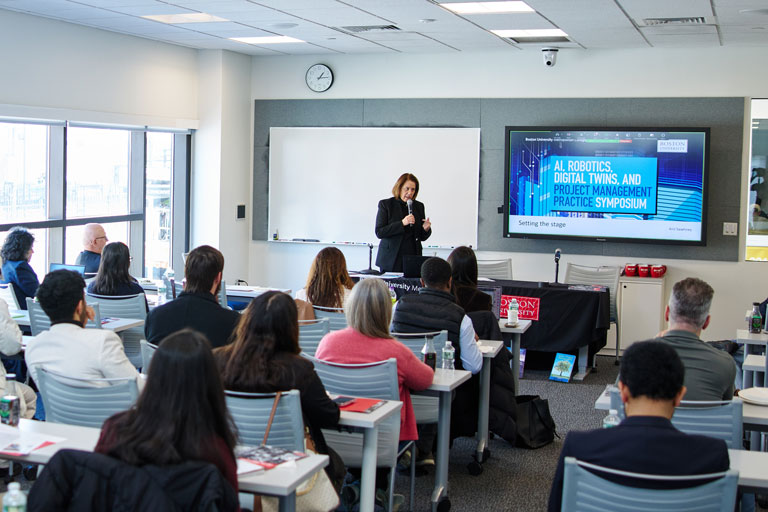 Dean Tanya Zlateva speaking at MET's Construction Tech, AI, and Project Management Symposium