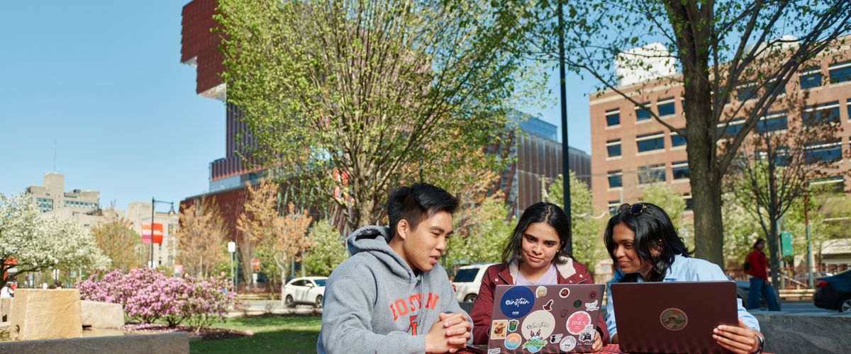 Graduate students in various locations on the Boston University campus