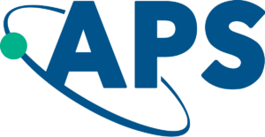 American Physical Society logo. "APS" is in blue text, circled by a teal electron following a blue path around the text.