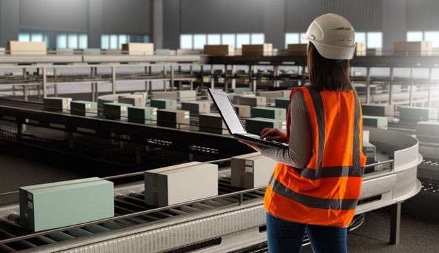 Woman wearing a hardhat and safety vest overlooking a conveyor belt with boxes while holding a laptop