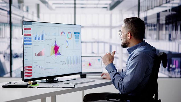 A person reviewing charts and data analytics on a computer screen.
