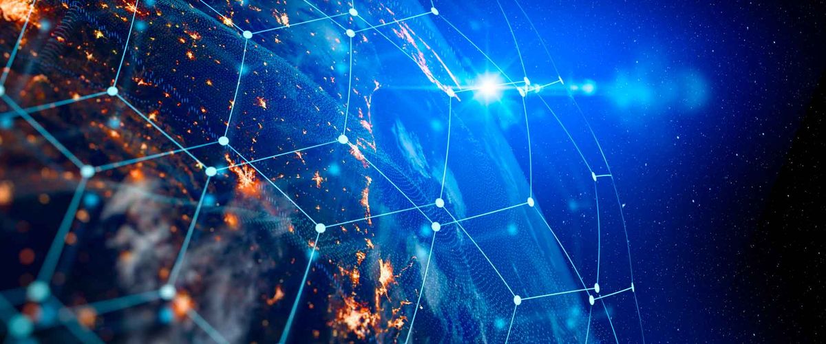 Digital illustration of the world viewed from space, overlayed with a grid-like pattern